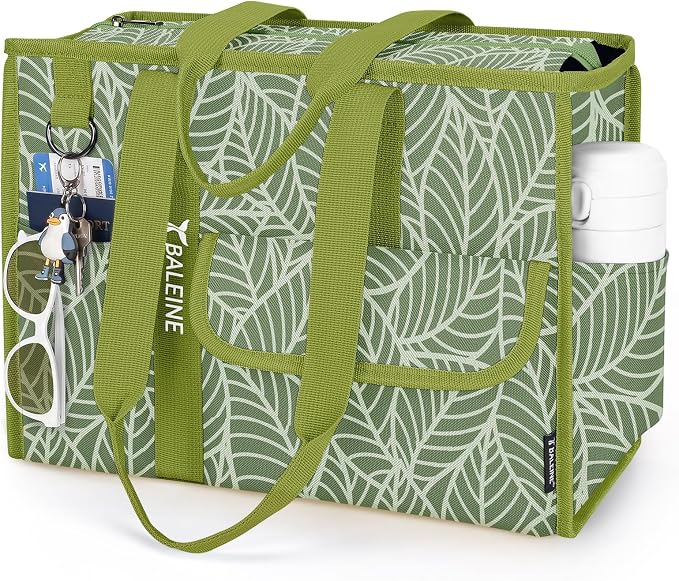 BALEINE Large Utility Tote Bag with Reinforced Bottom, Multi Pockets Foldable Tote Bag for Nurse, Travel, Work