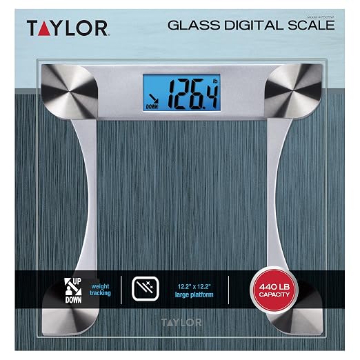 Taylor Digital Bathroom Scale with Glass Platform and Blue Backlit Display - Body Weight Scale, 440 lb Capacity, 2-User Weight Tracking, 12.2 in Platform, Clear