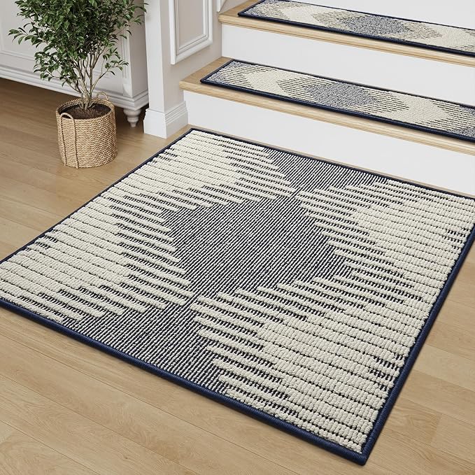 PADOOR Stair Treads Landing Mat Non Slip for Wooden Steps Indoor, 3D Peel and Stick Stair-Carpet Treads Washable Reusable Adhesive Stair Rugs for Kids and Dogs 31"x31" Blue