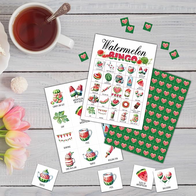 Watermelon Bingo Games - Summer Bingo Card - 24 Players Bingo Game Set for Adult Family Friends - Indoor Outdoor Activities - Fruit Themed Birthday Party Favors Supplies -C08