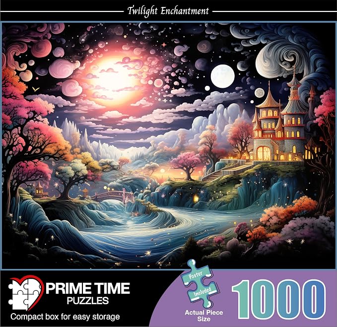 Adult Jigsaw Puzzle 1000 Piece Magic River | Twilight Enchantment design features a colorful mansion scene. — Great for game nights on a table, puzzleboard, or floor.