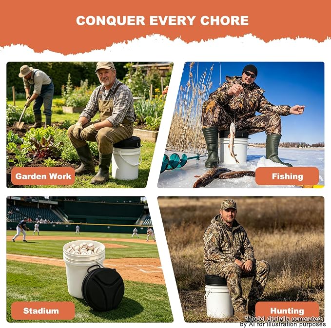 MDSTOP 5 Gallon Bucket Seat with 3" Thick Seat Foam Cushion, Waterproof 360°Swivel Bucket Lid Seat, Silent Bucket Seats for Duck Dove Hunting, Ice Fishing, Baseball, Camping, Gardening