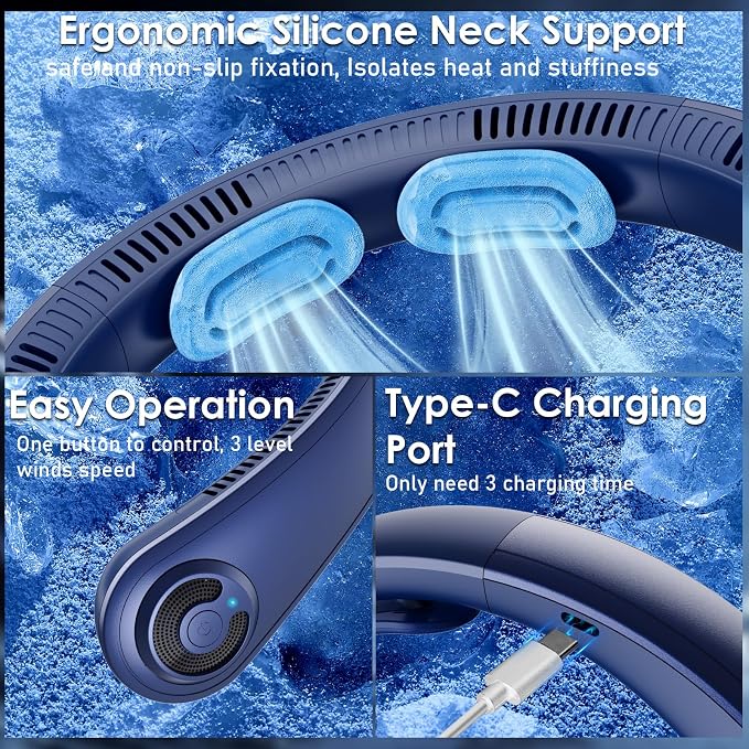 Portable Neck Fan with Neck Support, 5 Speeds, Lightweight, Rechargeable Personal Hands Free Wearable Neck Fans that Blow Cold Air for Hot Flashes, Disneyland, Travel Essentials, Gifts for Men Women