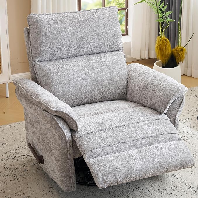 Oversized Glider Rocker Recliner, 24" Extra Wide 360° Swivel Nursery Recliner with Adjustable Headrest, Chenille Rocking Nursery Chair with Overstuffed Armrest, Lumbar Support, Light Grey