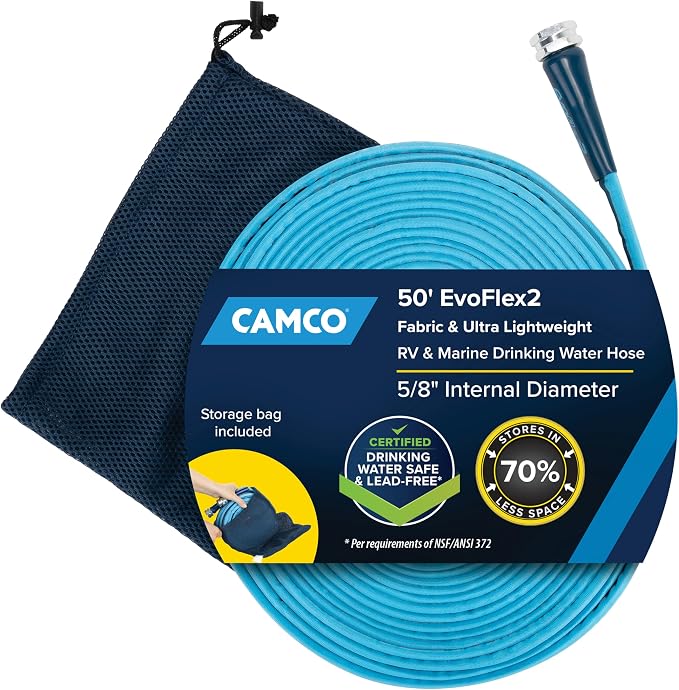 Camco EvoFlex2 50-ft Drinking Water Hose - RV Drinking Water Hose Reinforced with Fabric & Ultra Lightweight - Contains No Lead, No BPA & No Phthalate - Abrasion Resistant (22579) | Lead-free, BPA-free drinking water hose with flexible, anti-kink design
