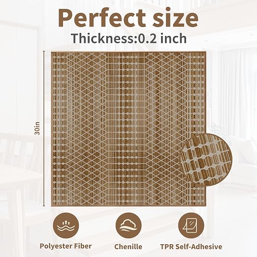 Non Slip Stair Treads for Wooden Steps, 1 Pack 30"x30" Washable Carpet | 30x30 in soft chenille polyester stair treads with reusable TPE backing for indoor wood stairs, dogs, kids, and seniors