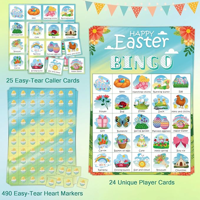 OHOME Easter Bingo Games for Kids | Easter Crafts Toys for Boys Girls Adults Teens,Classroom Activities Gifts Party Favors - Easter Basket Stuffers (24 Players)