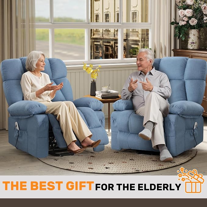 Power Lift Recliner Chair for Elderly, Big and Tall Lift Chair with Massage and Heat for Living Room, Fabric Electric Recliner Chairs with 4 Side Pockets, USB Charge Port,Blue