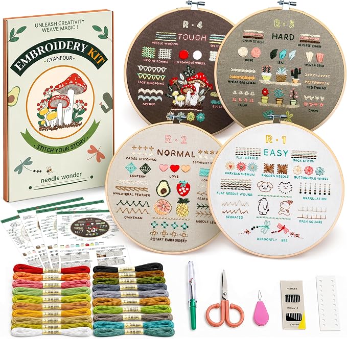 CYANFOUR Embroidery Kit for Beginners, 4 Stages to Learn 38 Stitches, with Step-By-Step Instructions and Clear Videos, Includes Multiple Accessories, Gift for Craft Lovers