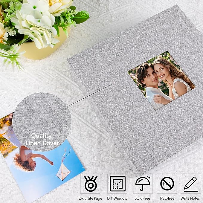 4x6 Photo Album Holds 240 Photos with Writing Space, Linen Cover Picture Book with Front Window for Family Wedding Baby Travel & Graduation Memories, Grey