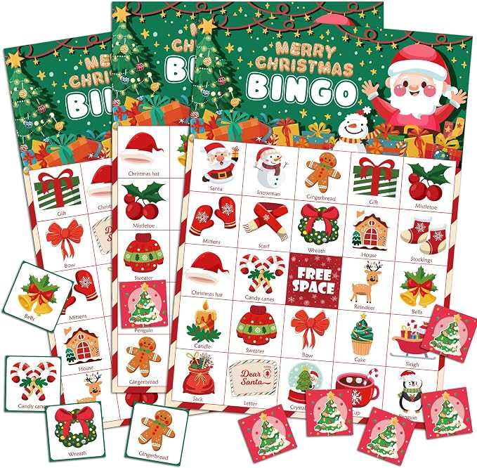 OHOME Christmas Games | Xmas Bingo for Kids - 24 Players Christmas Crafts Activities Party Favors Supplies for Families - Xmas Gifts Bulk for Boys Girls Grandkids | Stocking Stuffers for Kids Toddler