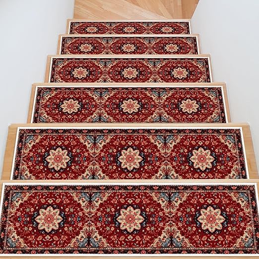 Persian Stair Runner Non Slip Washable 15 Pack Stair Treads 8x30 | 15PCS Persia Wooden Steps Stair Treads 8x30 Inch, Stain Resistant Oriental Washable Stair Carpet Rug Silicone Backing