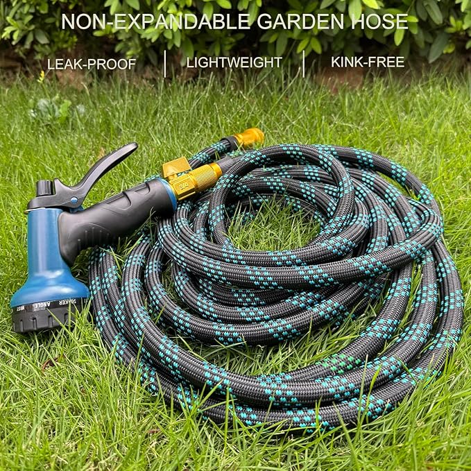 Garden Hose Non-Expandable 75 ft, Lightweight Flexible Water Hose with 10 Function Spray Nozzle, Outdoor Leak Proof, Kink-Free, Portable Hose for Yard, Lawn, Camper, High-Density Fabric, Black Blue