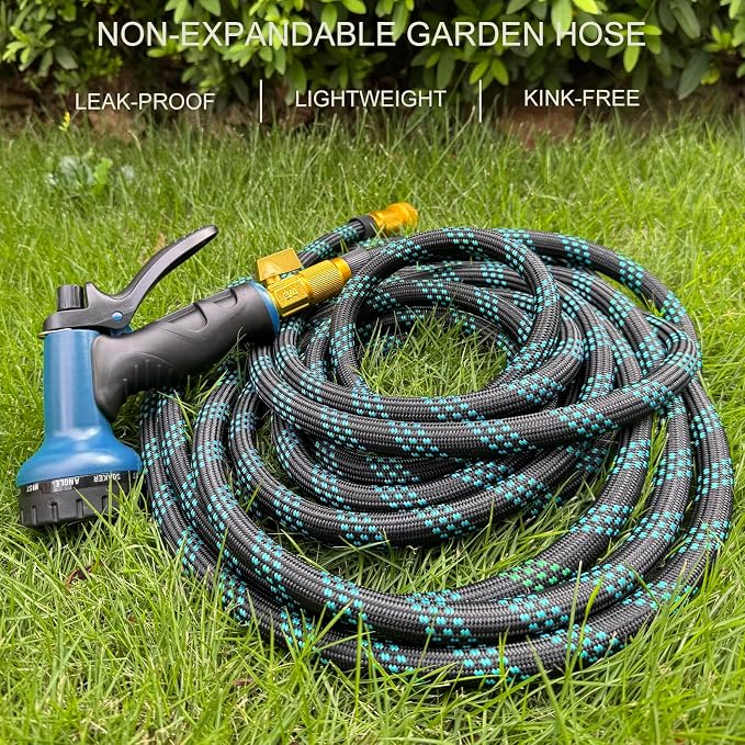 Garden Hose 100 ft, Non-Expandable Flexible Water Hose with 10 Function Spray Nozzle, Lightweight, Leak Proof, Kink-Free, Portable Hose for Outdoor, Yard, Lawn, High-Density Fabric, Black Blue