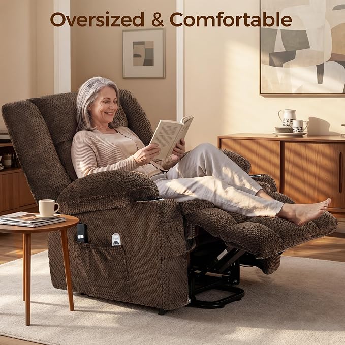 Power Lift Recliner Chair for Elderly, Electric Reclining Lift Chair with Massage and Heating, Comfy Overstuffed Recliner Single Sofa with Cup Holders, Pockets, USB Charge Port for Living Room, Brown