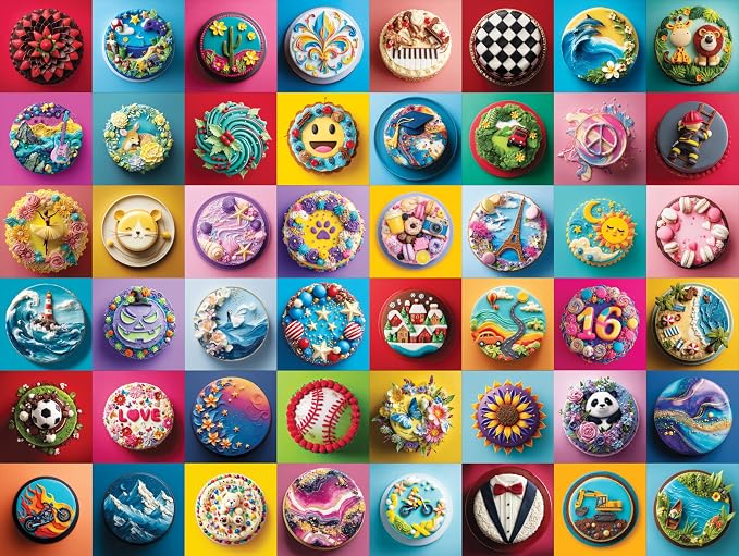 Adult Jigsaw Puzzle 1000 Piece Colorful Cakes | Features a vibrant gallery of unique cakes. 20x27 inches — Great for game nights on a table, puzzleboard, or floor.