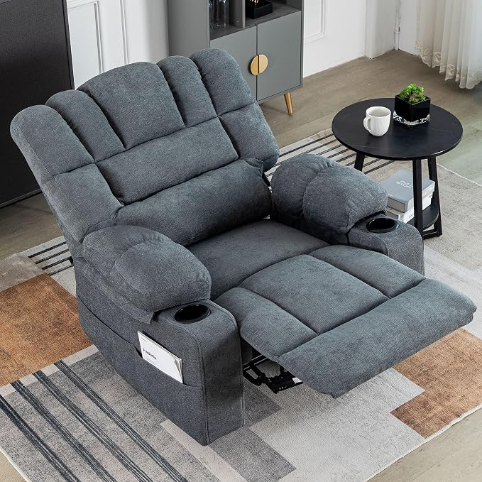 Massage Chair Recliner with Heat&Lazy Boy Recliner Chair for Adults,Manual Recliner Chair with Cup Holder,Oversized,Adjustable Backrest,Footrest,2 Pockets,Heavy Duty(Grey)