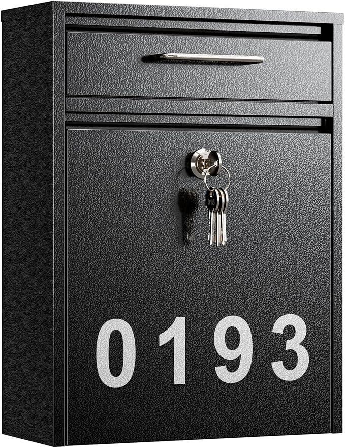 LAND·VOI Large Capacity Mailbox for Outside, Heavy Duty Rustproof, Locking Mailbox, 4 Replaceable Keys, Weatherproof Wall Mounted Mailbox for Residential & Apartment, 15.4"×11.8"×4.7", Black, Large