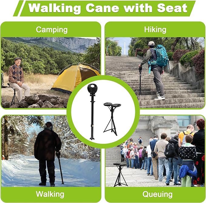 ALEVMOOM Folding Walking Cane with seat for Men & Women,2-in-1 Adjustable Portable Cane Chair,Walking Stick with Seat for Seniors & Adults,Crutches Stool with Carry Bag for Hiking Traveling