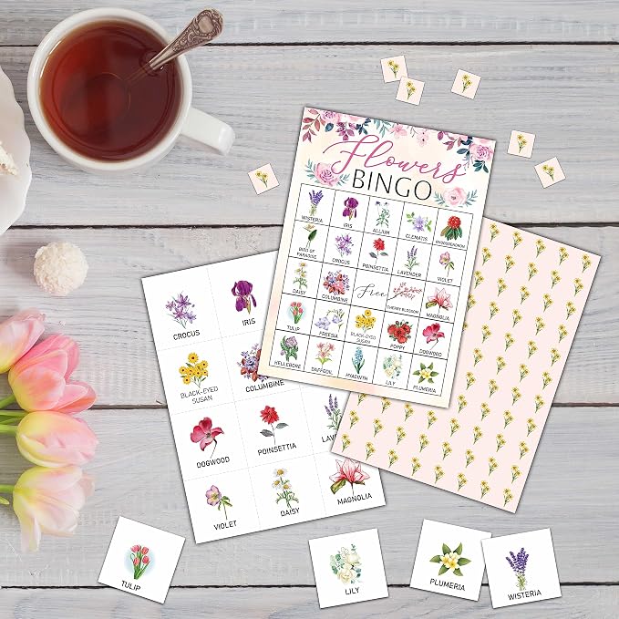 Flowers Bingo Game - Blush Pink Floral Bingo Card - 24 Players Bingo Game Set Indoor Outdoor Activities - Tea Party, Bridal Shower, Birthday Party Favors Supplies -A02
