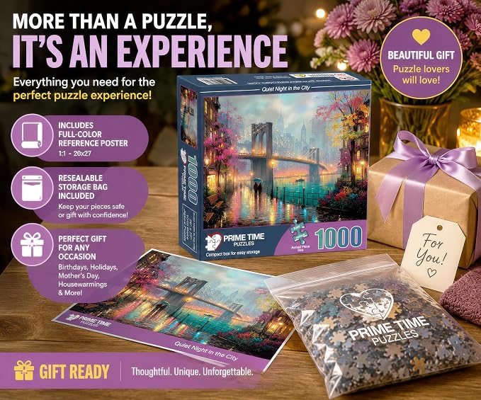Adult Jigsaw Puzzle 1000 Piece Brooklyn Bridge | Features an artistic New York City cityscape in the rain. 20x27- Great for game nights on a table, puzzleboard, or floor.