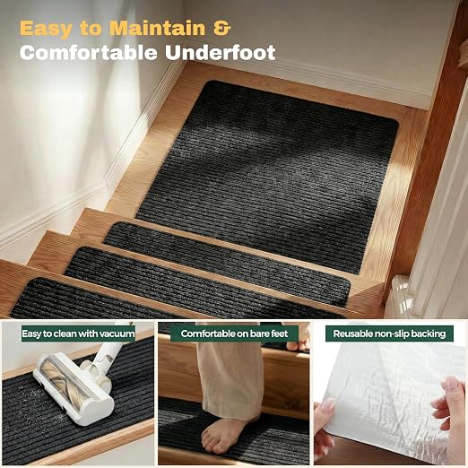 MBIGM Carpet Stair Landing Mat, 1 Pack, 2'6" x 2'6", Black | Polyester carpet surface with PP mesh, nonwoven cushioning, and TPR adhesive backing for indoor stair coverage.