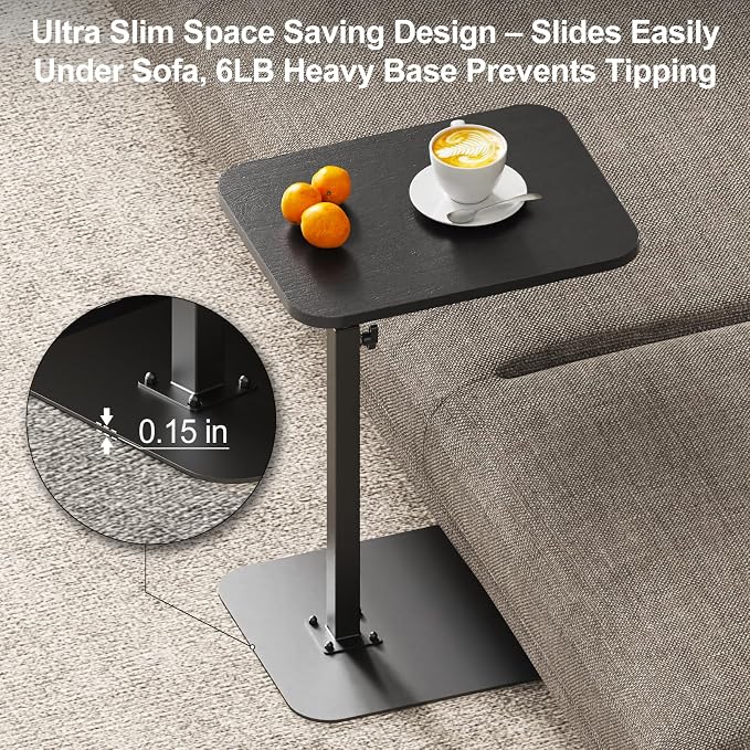 Side Table Sofa Tray for Couch Heavy Metal Base Swivel/Adjustable Height | Sofa Bed Bathroom Study TV Tray C Shaped End Table Food Snack Trays for Eating