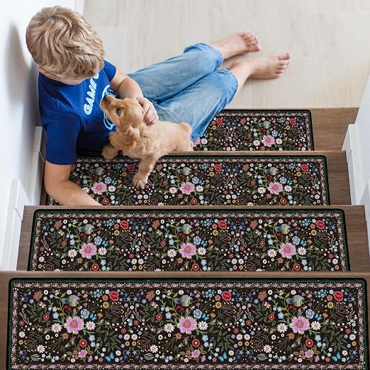 Stair Treads for Wooden Steps 15 Pack, Flower Stair Runners Non Slip and Washable, Vintage Floral Rug Carpet for Stairs with Silicone Backing 8" X 30"