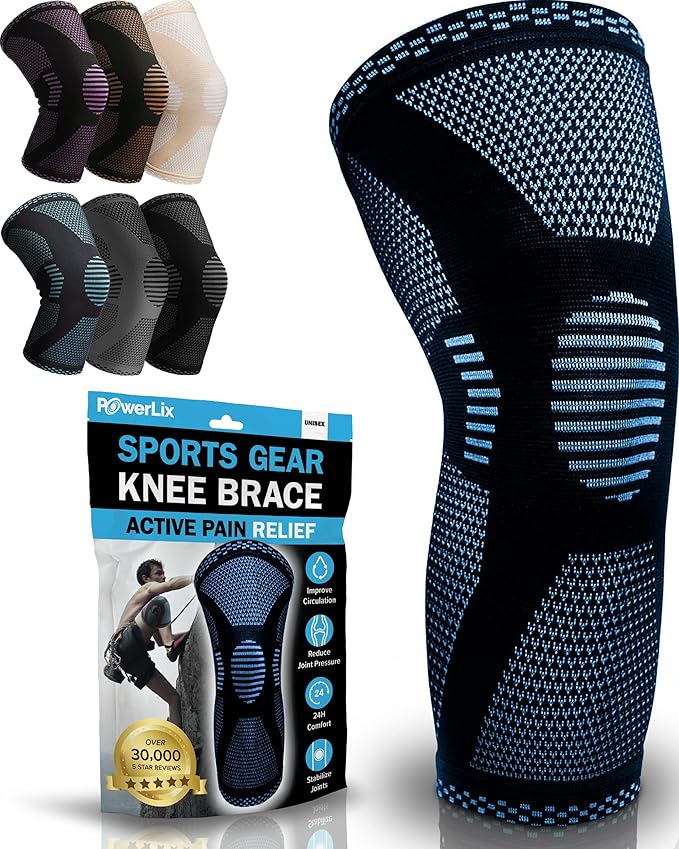 POWERLIX Knee Compression Sleeve - Best Knee Brace for Knee Pain for Men & Women â€“ Knee Support for Running, Basketball, Volleyball, Weightlifting, Gym, Workout, Sports - (Light Blue S)