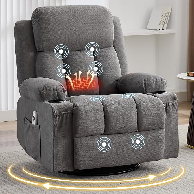 MAHOMICO Swivel Rocker Recliner Chair with Vibration Massage and Heat for Living Room,with Rocking Function and Side Pocket, USB Charge Port,2 Cup Holders