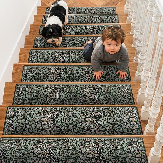 OJIA 15PC Stair Treads Non-Slip Stair Runner for Wooden Steps Indoor 30"x8" | Floral Carpet Stair Treads Stair Mats Staircase Step Treads for Kids, Elders and Dogs, Stair Covers, Black