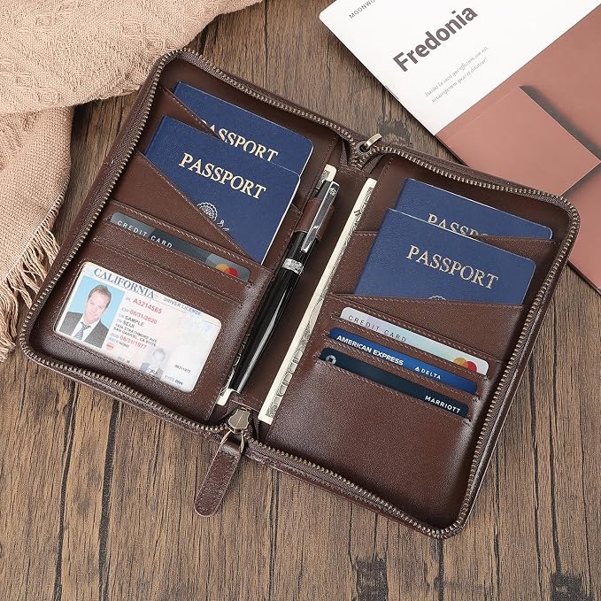 Polare Full Grain Leather Passport Holder Cover Case for Men and Women RFID Blocking Family Travel Wallet Holds 6 Passports (Coffee)