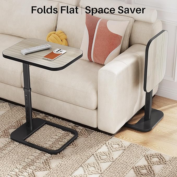 Driftwood Grey TV Tray Table, Adjustable Height & Rounded Metal Corners, Snack Table for Couch, Sofa, Bed, Chair, Living Room, C Shaped End Side Table for Eating, Dinner or Laptop, Small Spaces