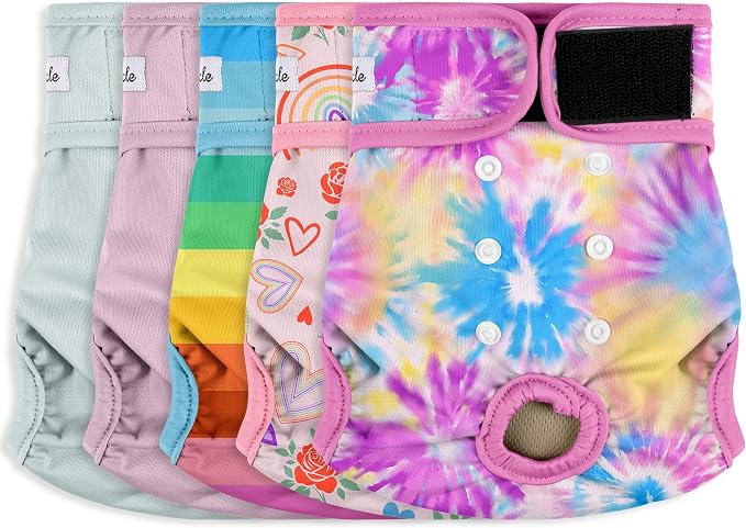 Female Dog Diapers 5Pcs - Premium Reusable Diapers for Doggie in Heat - Highly Absorbent Dog Diapers Female for Pet Incontinence with Adjustable Snaps,Rainbow,S