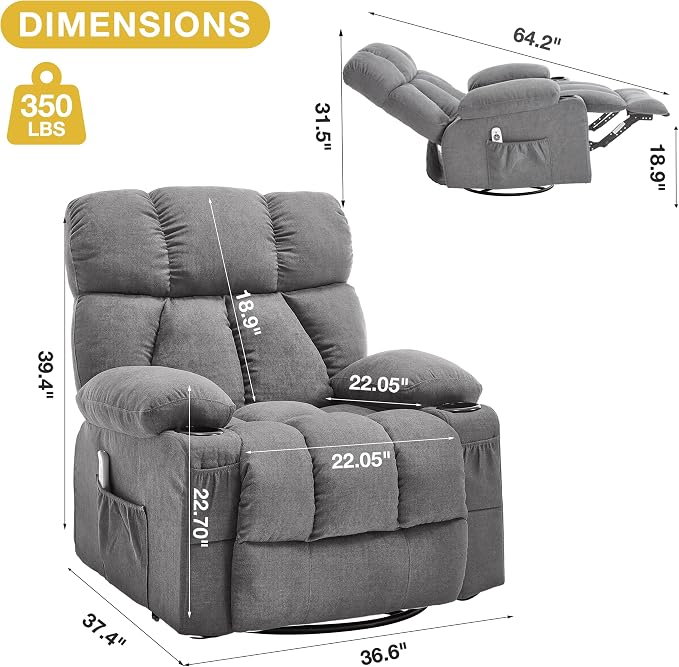 Oversized Massage Swivel Rocker Recliner Chair with Heat and Vibration Rocking Lounge Chair for Living Room Comfy Overstuffed Recliner with 4 Side Pockets,2 Cup Holders, USB Charge Port, Grey