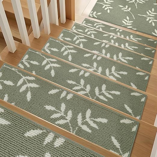 Carpet Stair Treads, Non-Slip Stair Treads for Wooden Steps Indoor | Stair Runner for Pets, Non Skid Staircase Step Treads Washable Reusable, Stair Protectors 30" x8" Set of 7, Green