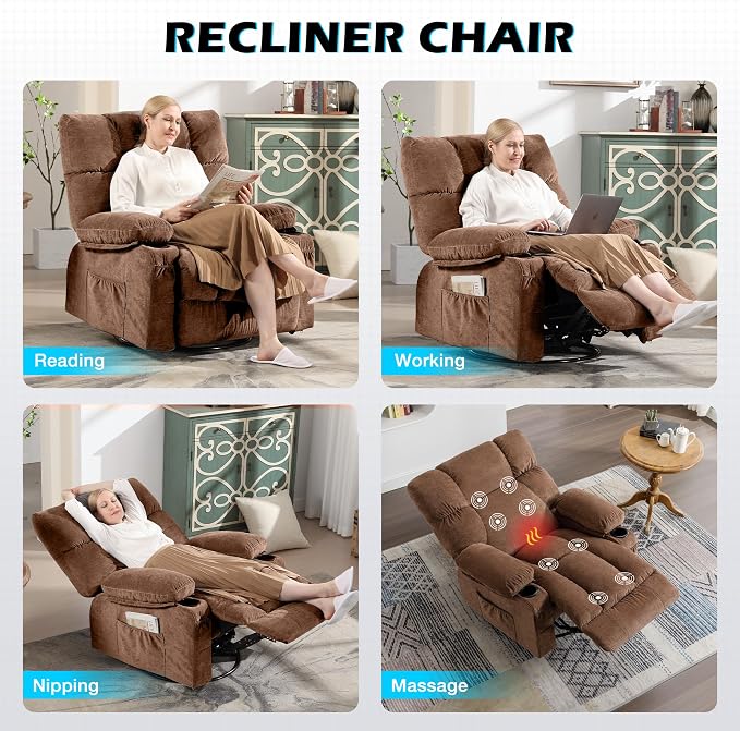 MAHOMICO Oversized Recliner Chair with Massage and Heat, 360° Swivel Rocker | Fabric swivel rocker recliner with ergonomic support, USB charging, cup holders and side pocket for living room