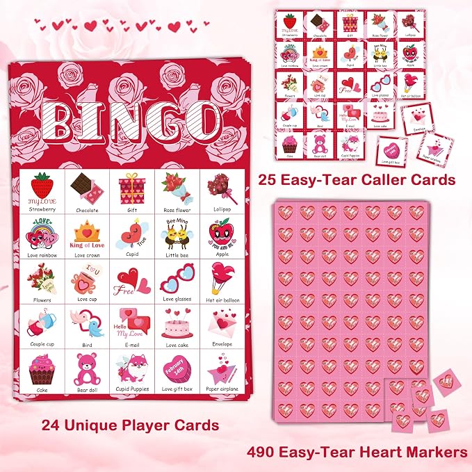 OHOME Valentines Crafts for Kids - Valentines Bingo Cards - Kids Gifts for School Classroom | 24 Players Valentines Day Accessories Party Favors - Valentine Toys Games for Boy Girl