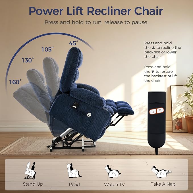 Power Lift Recliner Chair for Elderly, Electric Reclining Lift Chair with Massage and Heating, Comfy Overstuffed Recliner Single Sofa with Cup Holders,Pockets,USB Charge Port for Living Room,NavyBlue