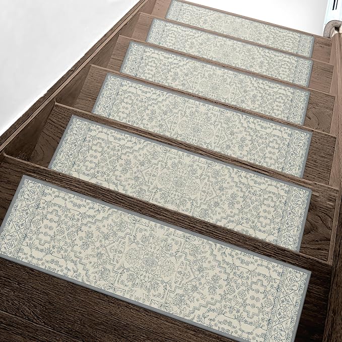 sarben 8"x30" Non Slip Stair Treads for Wooden Steps 15 Pack, Beige Line | Peel and Stick Carpet Stair Runner with TPE Adhesive Backing, Carpet for Added Safety, Pet and Senior Friendly