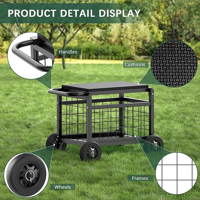 Garden Cart with Seat,3-in-1 Rolling Seat with Wheels for Gardening Seniors | Upgraded Heavy Duty Gardenning Cart with Seat, Supports up to 500 LBS for Seniors, Lawn, Patio & Backyard Gardening, Black
