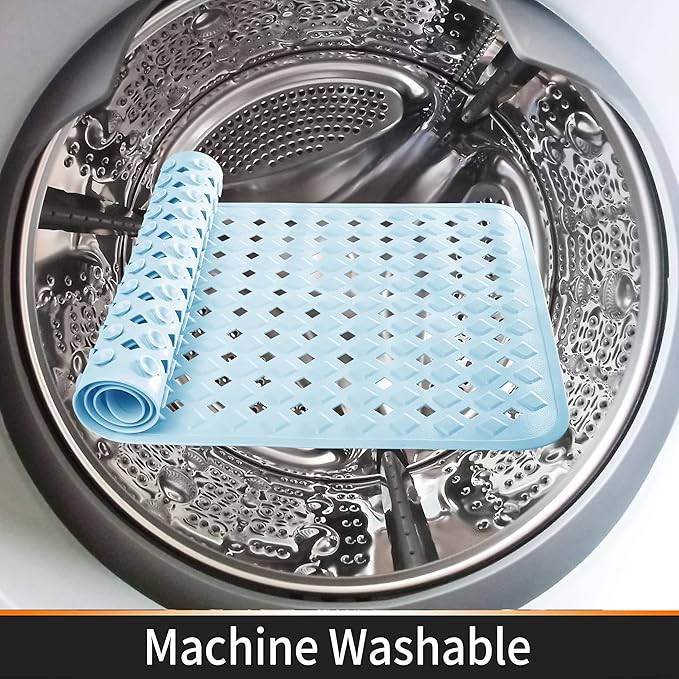 Yimobra Bathtub Mat Non Slip, Super Strong Suction Cups, 27.5"x15.5" Long Shower Mat with Drain Holes, Machine Washable Fast Draining Bath Mats, Bathroom Essentials,Light Blue