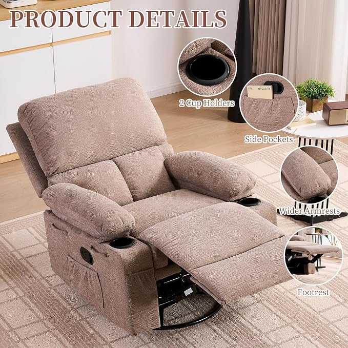 Recliner Chairs for Adults and Elderly, Swivel Rocker Recliner with Massage and Heating, Manual Reclining Chair with Cup Holders and Side Pockets, Comfy Rocking Chair for Living Room, Brown
