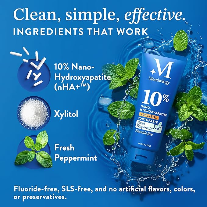 Mouthology 10% Nano Hydroxyapatite Toothpaste (3pk, Fluoride Free), Whitening*, Supports Enamel Care*, Appropriate for Sensitive Teeth*, SLS Free, Xylitol nHA Toothpaste Adults, Mint 4oz (USA Made)