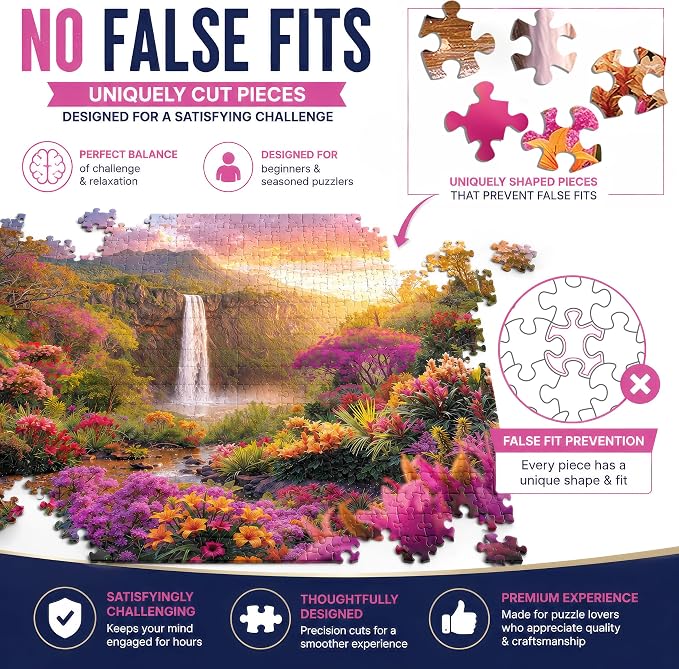 Adult Jigsaw Puzzle Hawaiian Waterfall 1000 Piece | Features a colorful tropical flowers and waterfall sunset scene. Great for game nights on a table, puzzleboard, or floor.