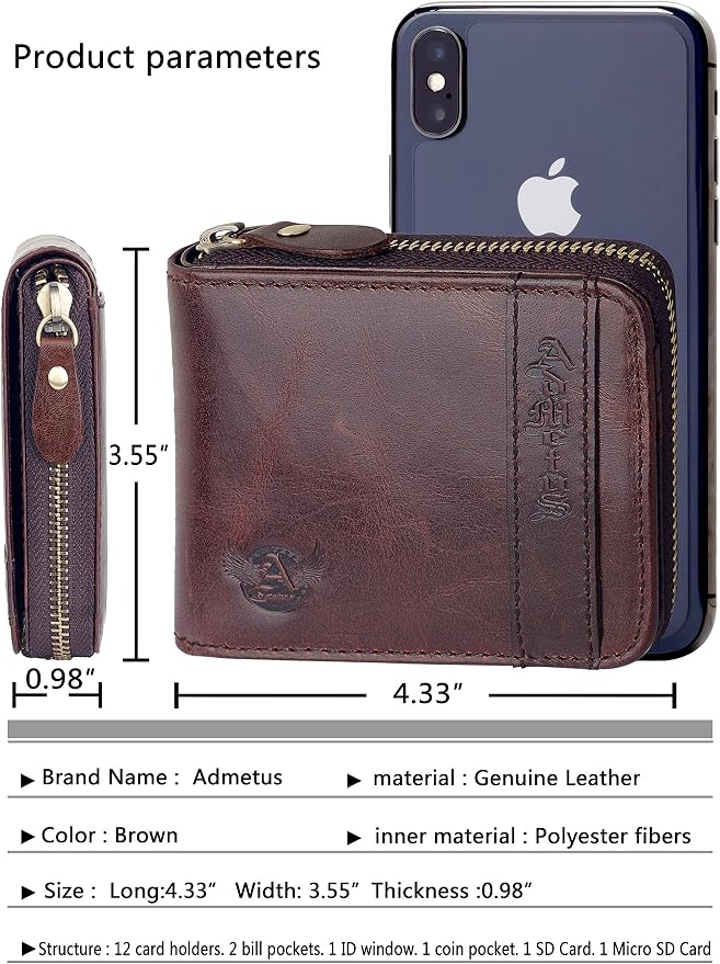 Admetus Mens Zipper Wallet Leather RFID Blocking Card Holder Zip Bifold | genuine leather,gift box packaging, ID window, 12 card slots,zip around