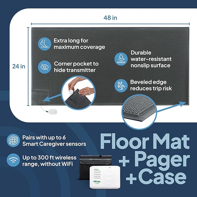 Smart Caregiver Floor Mat Alarm and Pager System - Includes Wireless Pager That Alerts When Someone Steps on The Durable 24in x 48in Floor Mat Sensor