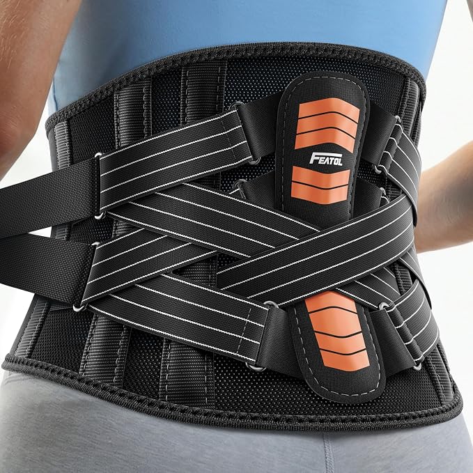 FEATOL Back Brace for Men Lower Back and Women, Removable Dual-Side Spine Lumbar Pad with Snug Fit, Adjustable Support Belt for Work, Orange, Size XXL 45-50"