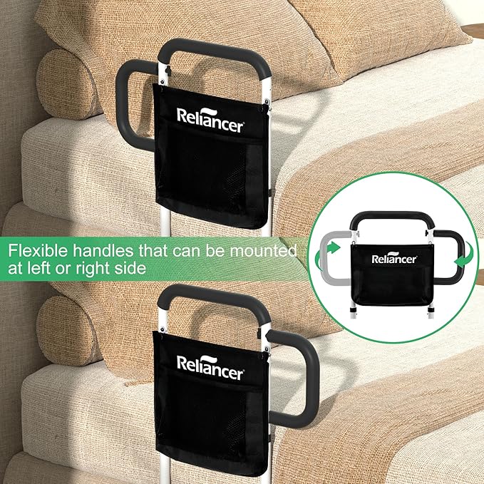 RELIANCER Bed Safety Rail for Elderly Adult w/Side Support Bar&Storage Bag,Dual Handle Assist Grab Bar for Seniors,Adjustable Bedside Support Railing,Bed Side Assist Guard Rail,Bedside Hand Guard Bar
