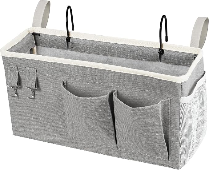Bedside Caddy, Bedside Storage Bag Hanging Organizer for Bunk Dorm Bed Rail | Bed Caddy with Hooks, Top Bunks and Dorm Essentials for Water, Tissues, Tablets, Books, Phones, Remotes and Other Necessories